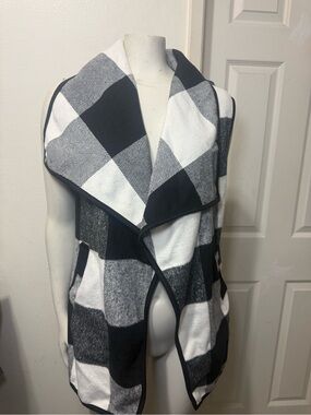 YACUN Women's Plaid Long Vest Open
Front Pockets Black White Gray S
Sleeveless